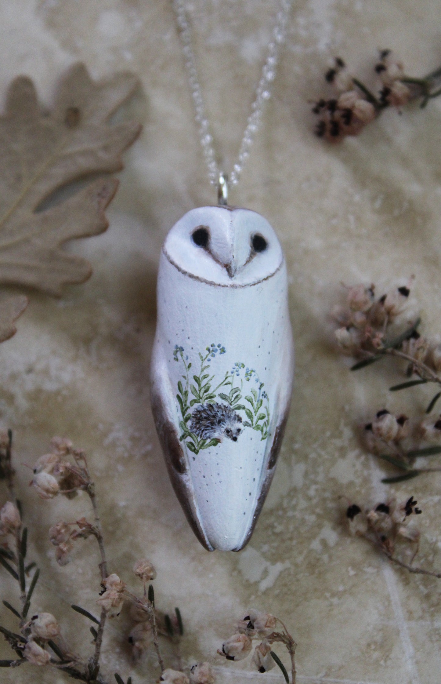 Hedgehog and Forget-me-not Barn Owl Necklace