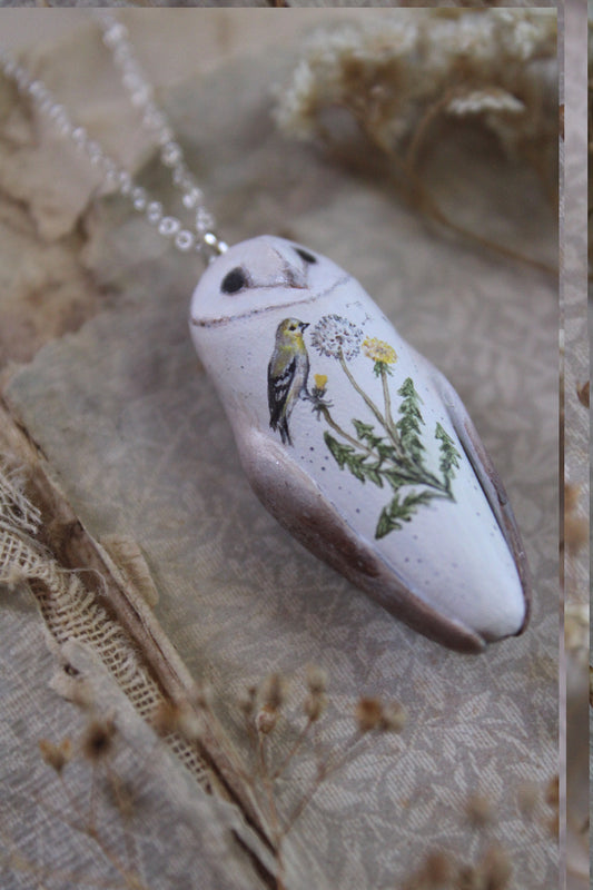 Goldfinch and Dandelion Barn Owl Necklace