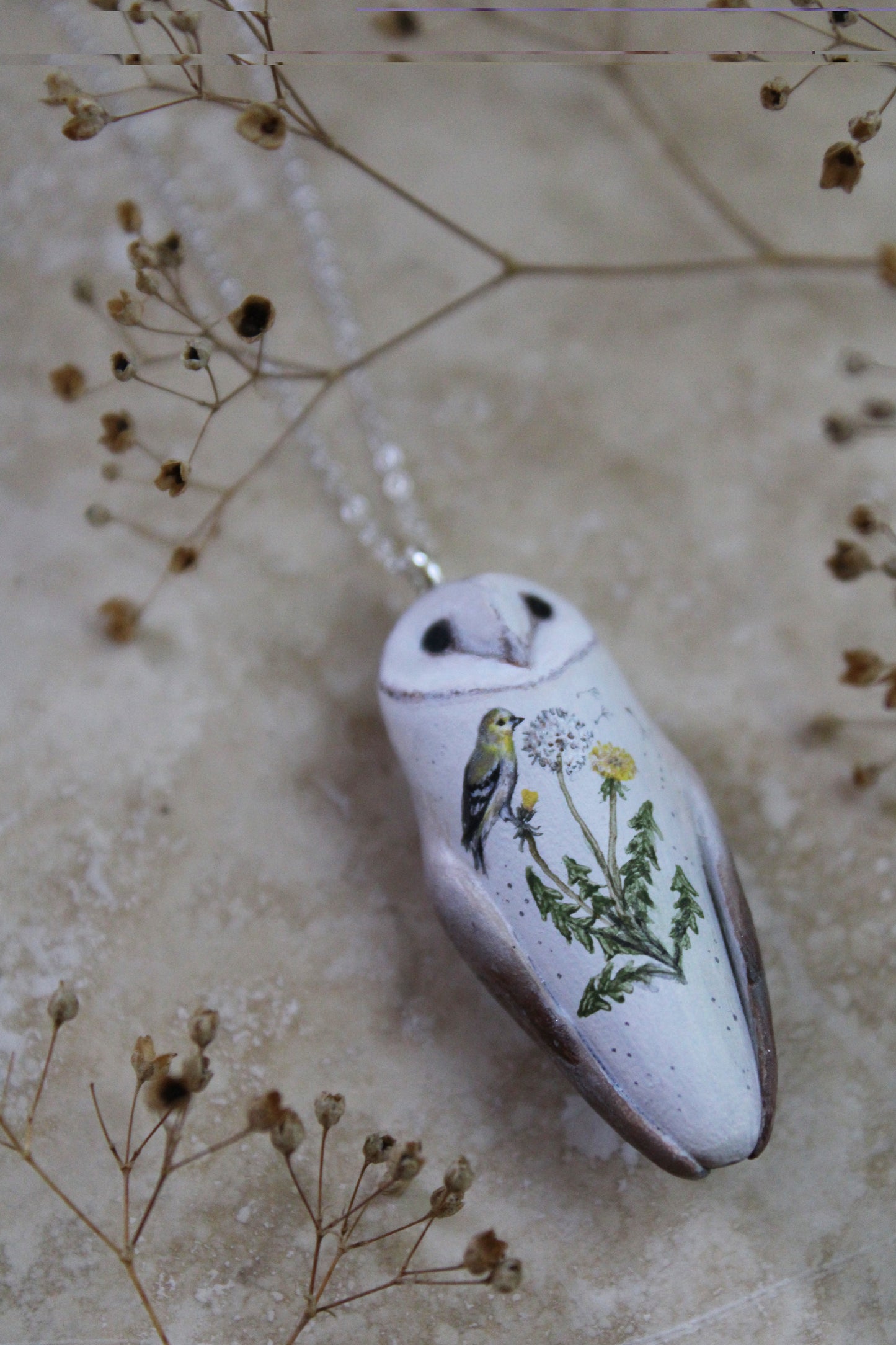 Goldfinch and Dandelion Barn Owl Necklace