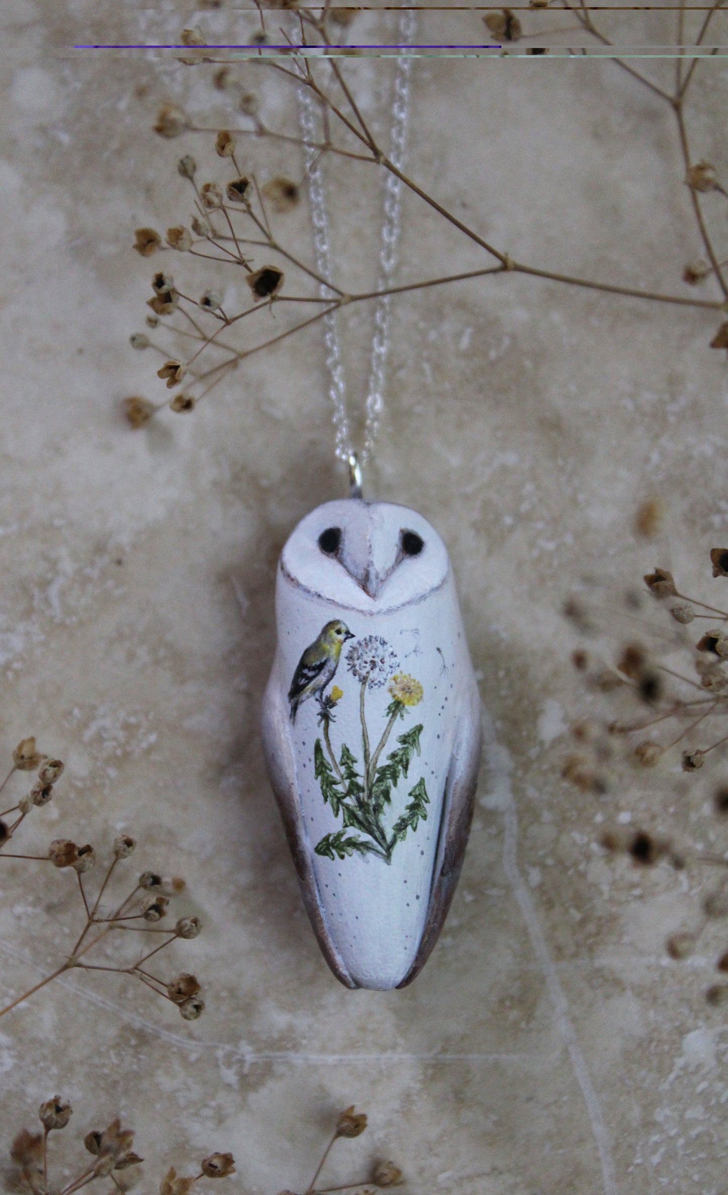 Goldfinch and Dandelion Barn Owl Necklace
