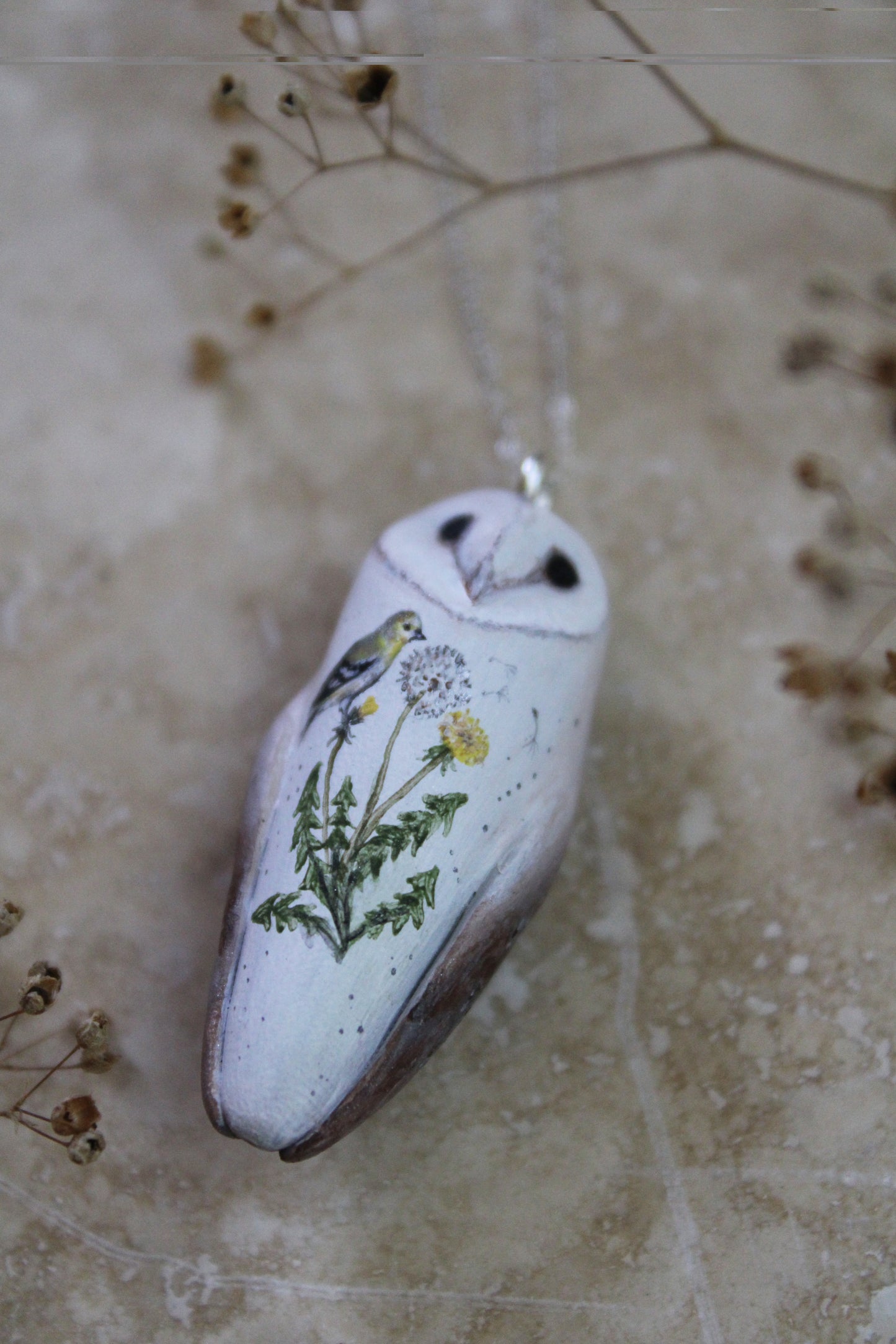 Goldfinch and Dandelion Barn Owl Necklace