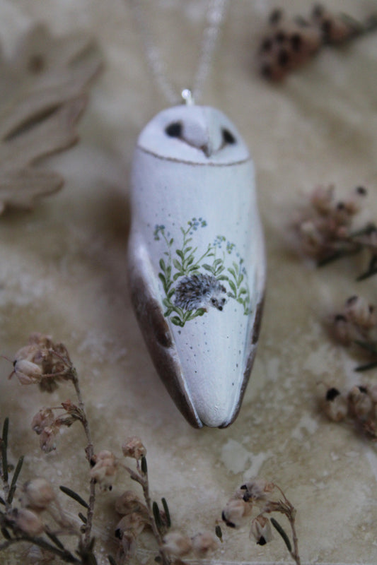 Hedgehog and Forget-me-not Barn Owl Necklace