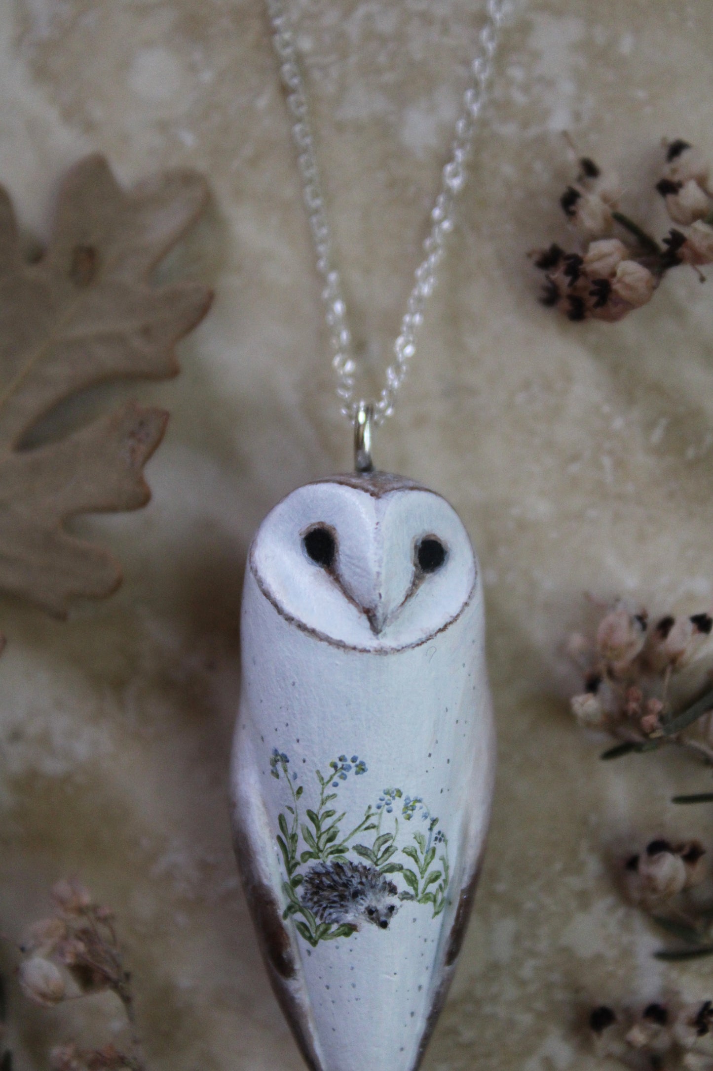 Hedgehog and Forget-me-not Barn Owl Necklace