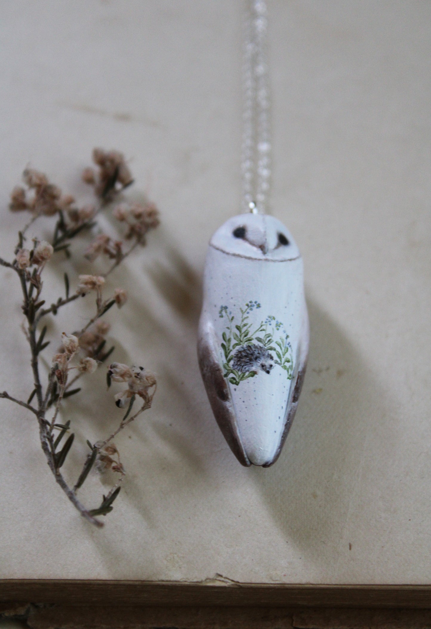 Hedgehog and Forget-me-not Barn Owl Necklace