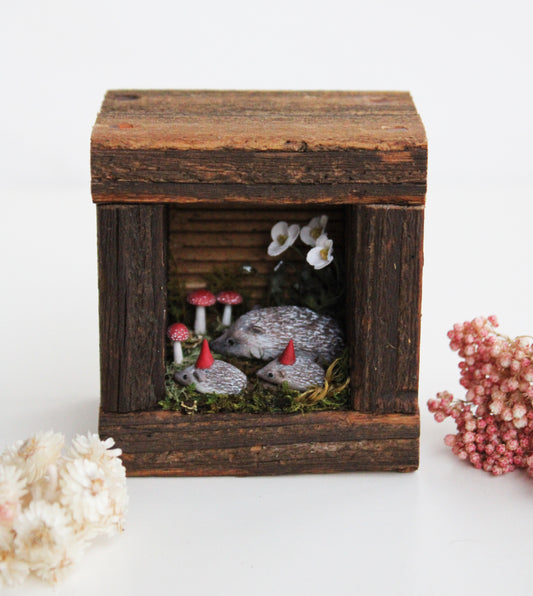 A Hedgehog Family | Wooden Shadowbox