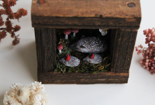 A Hedgehog Family | Wooden Shadowbox