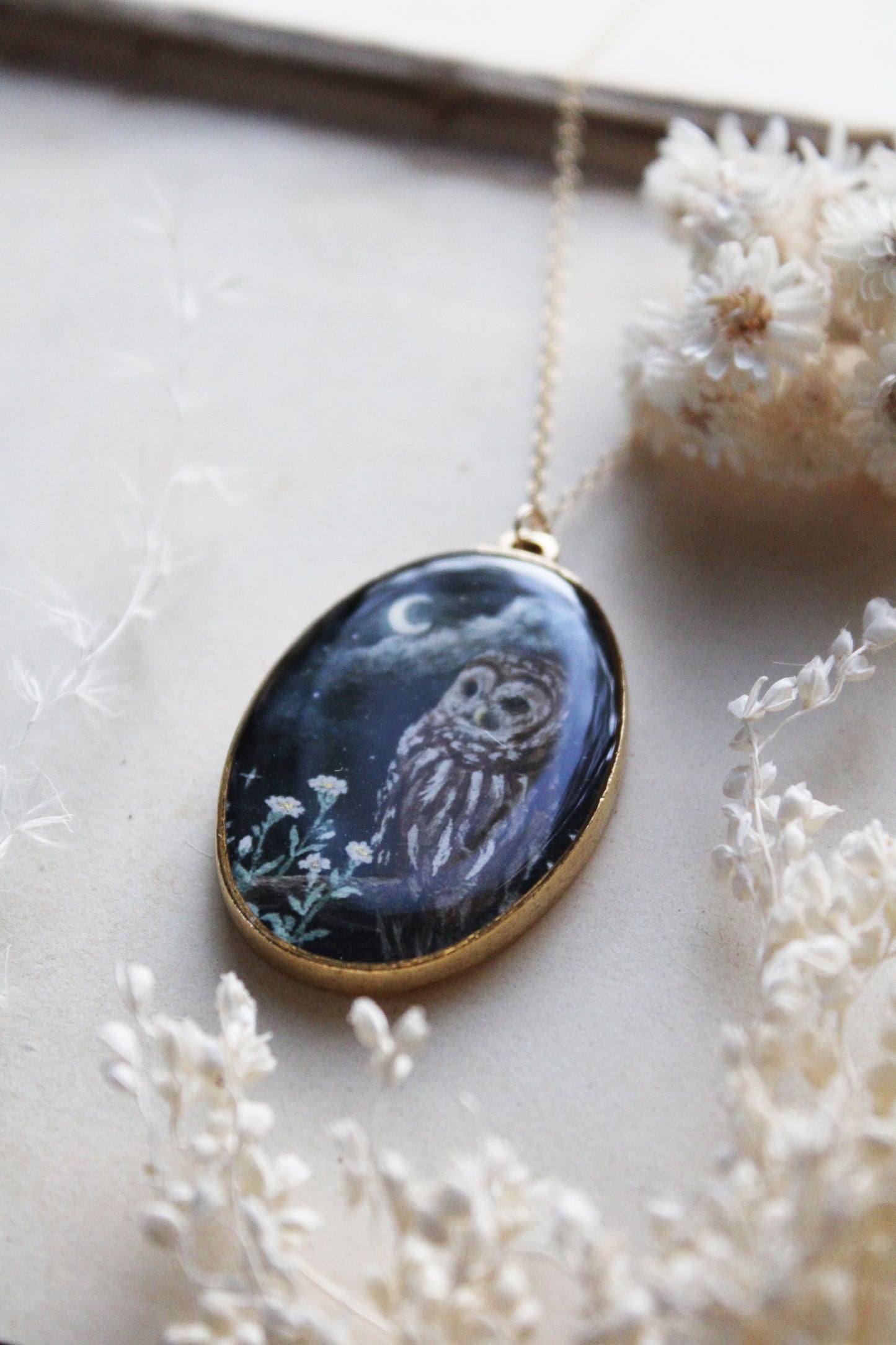 Barred Owl & Carnations Necklace