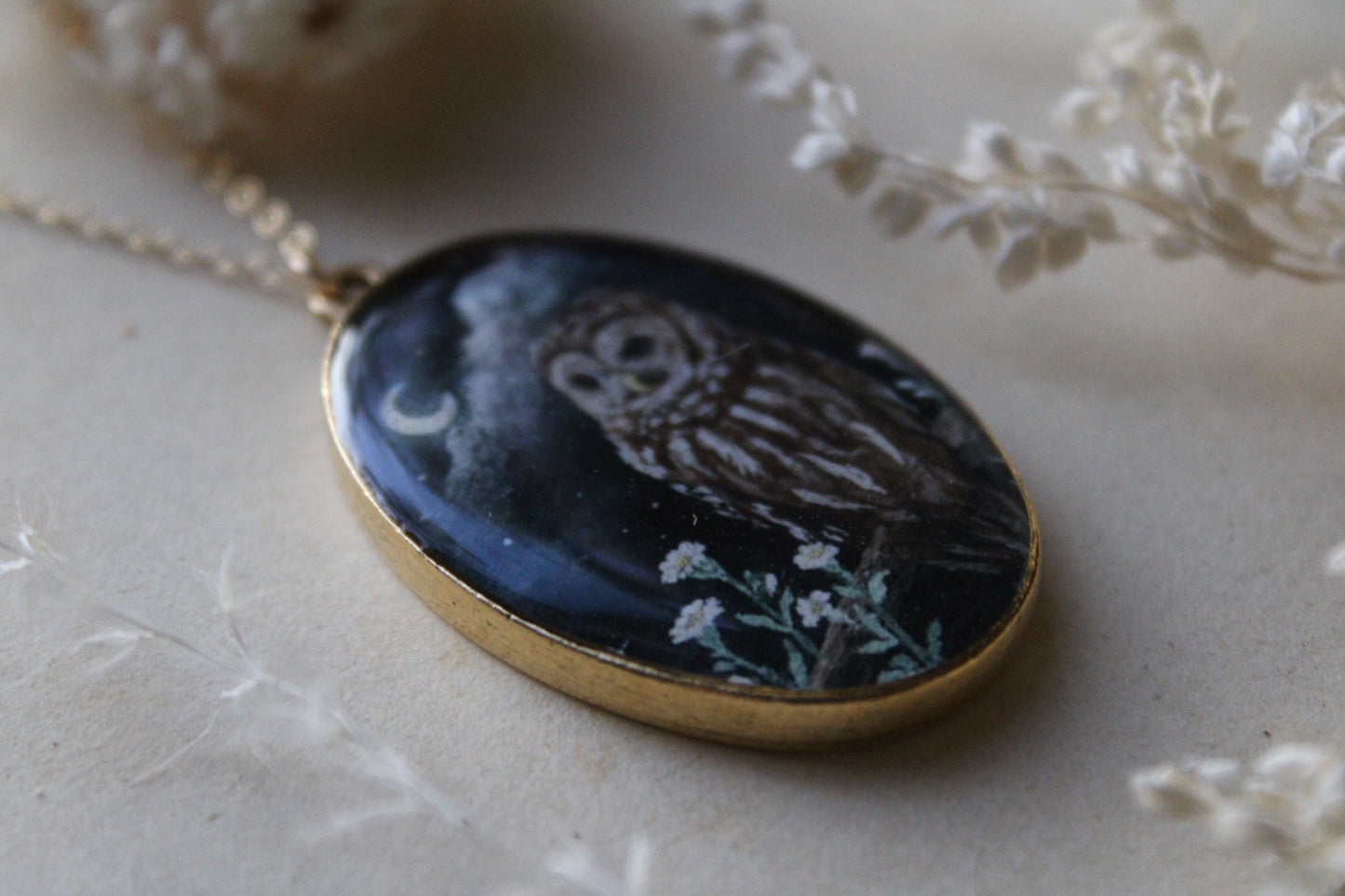 Barred Owl & Carnations Necklace