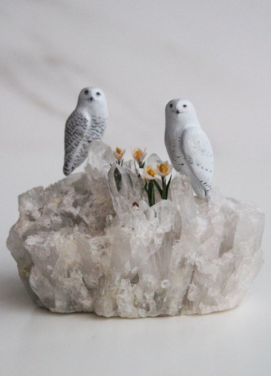 Snowy Owls & Tulips | Crystal Sculpture