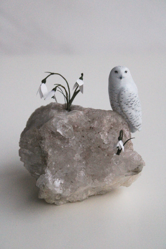 Snowy Owl & Snowdrops | Crystal Sculpture