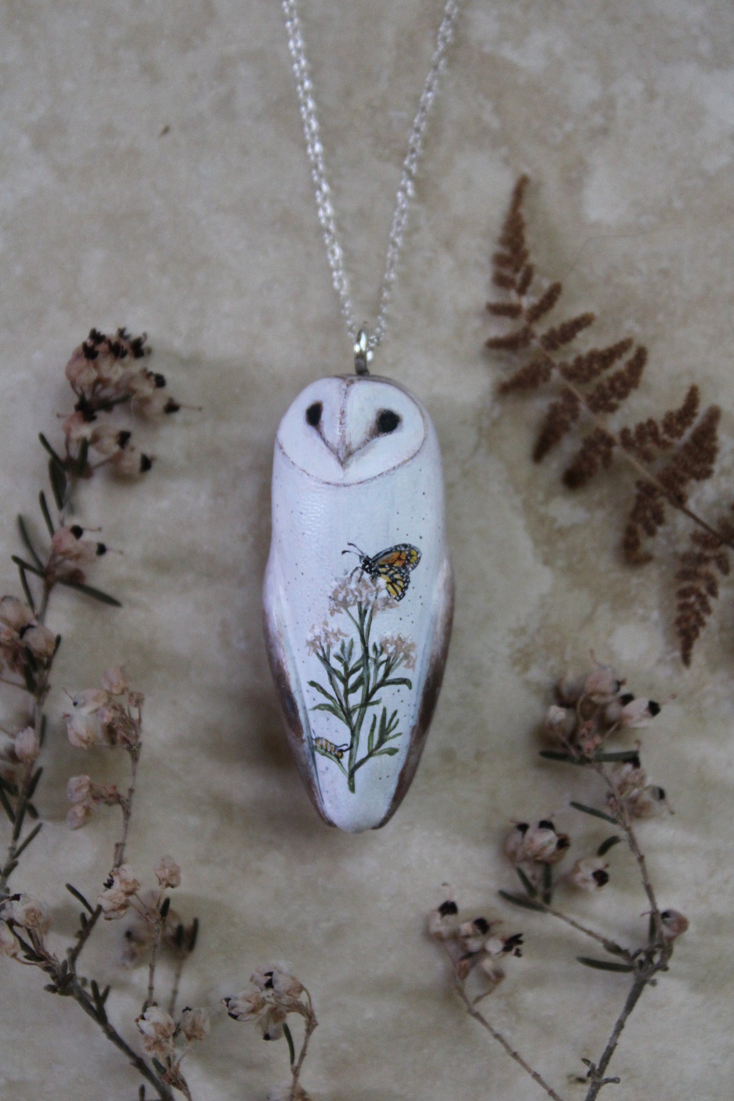 Monarch Butterfly and Milkweed Barn Owl Necklace