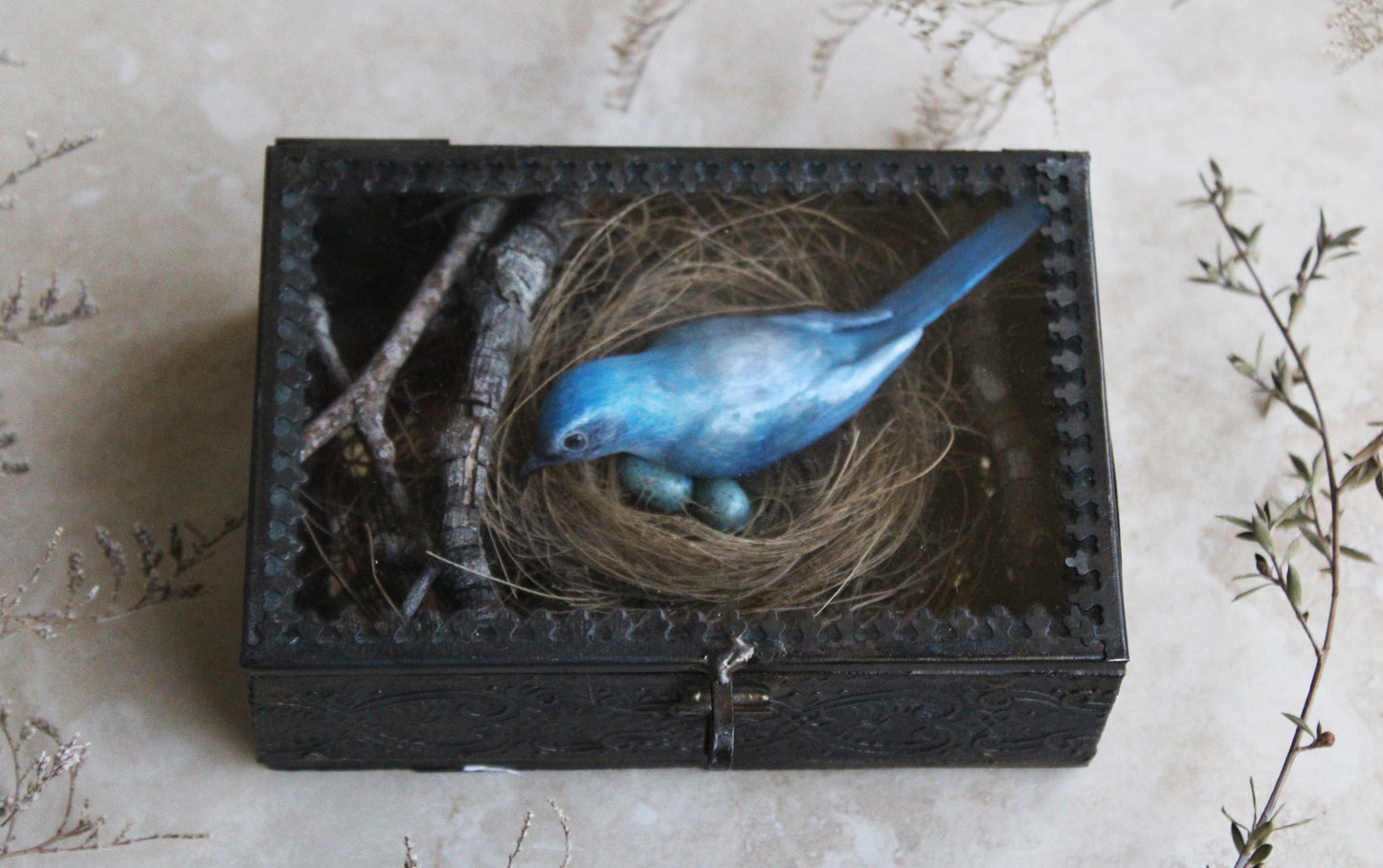A Nest of Fierce Azure Love | Glass Shadowbox Sculpture