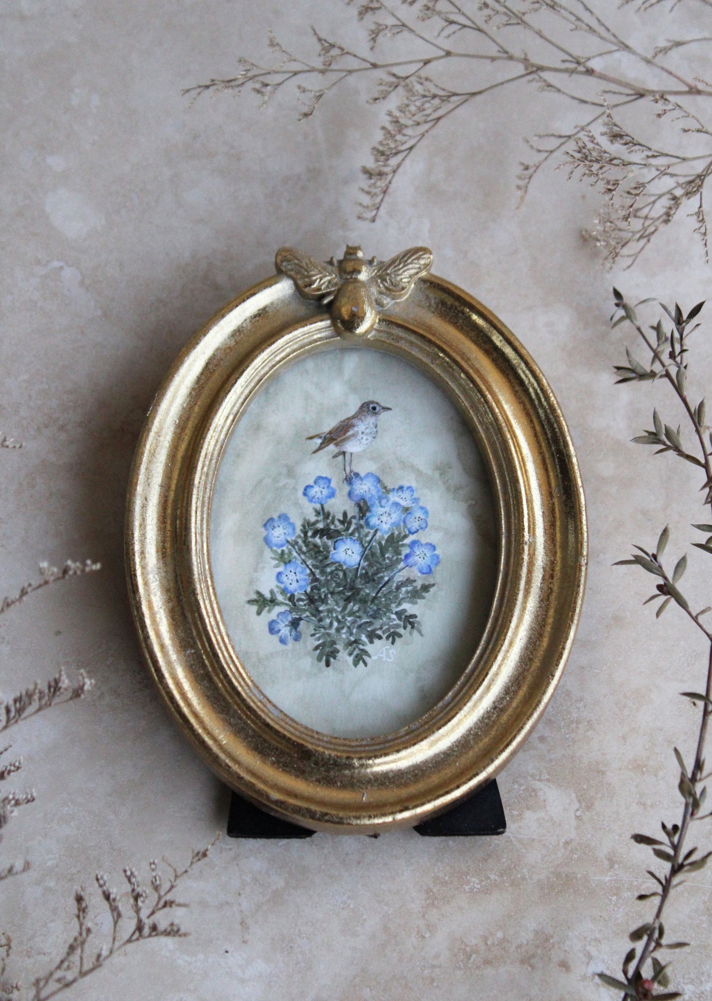 Baby Blue Eyes & Hermit Thrush | Original Watercolor Painting