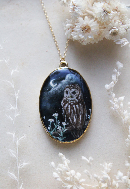 Barred Owl & Carnations Necklace