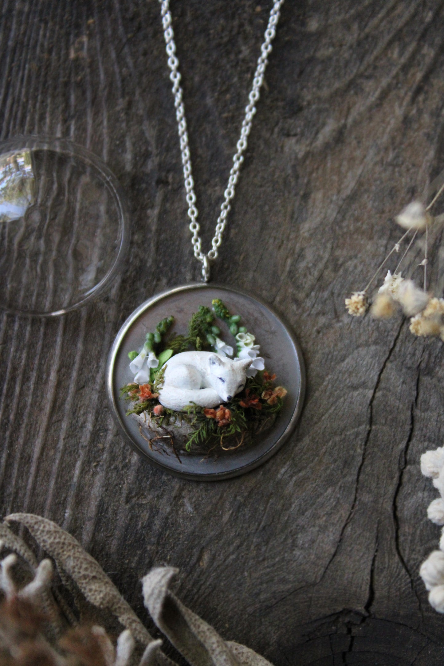 White Fox & Foxgloves | Glass Globe Necklace