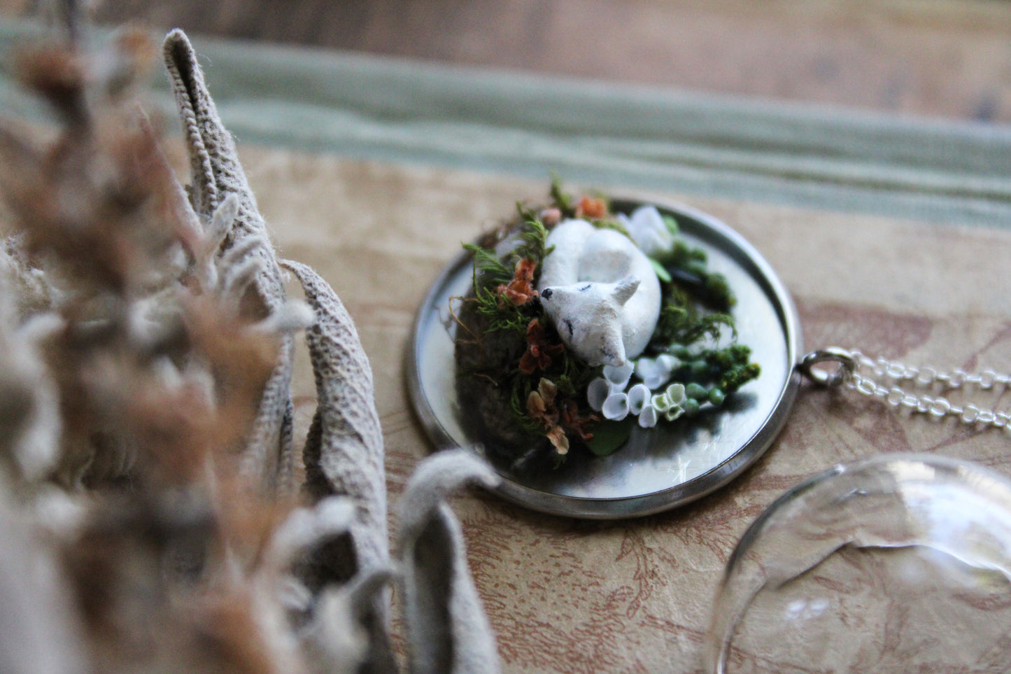White Fox & Foxgloves | Glass Globe Necklace